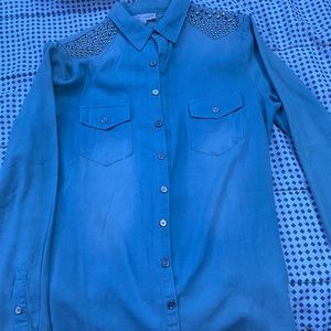 Light blue Jean button up w jewels front & back